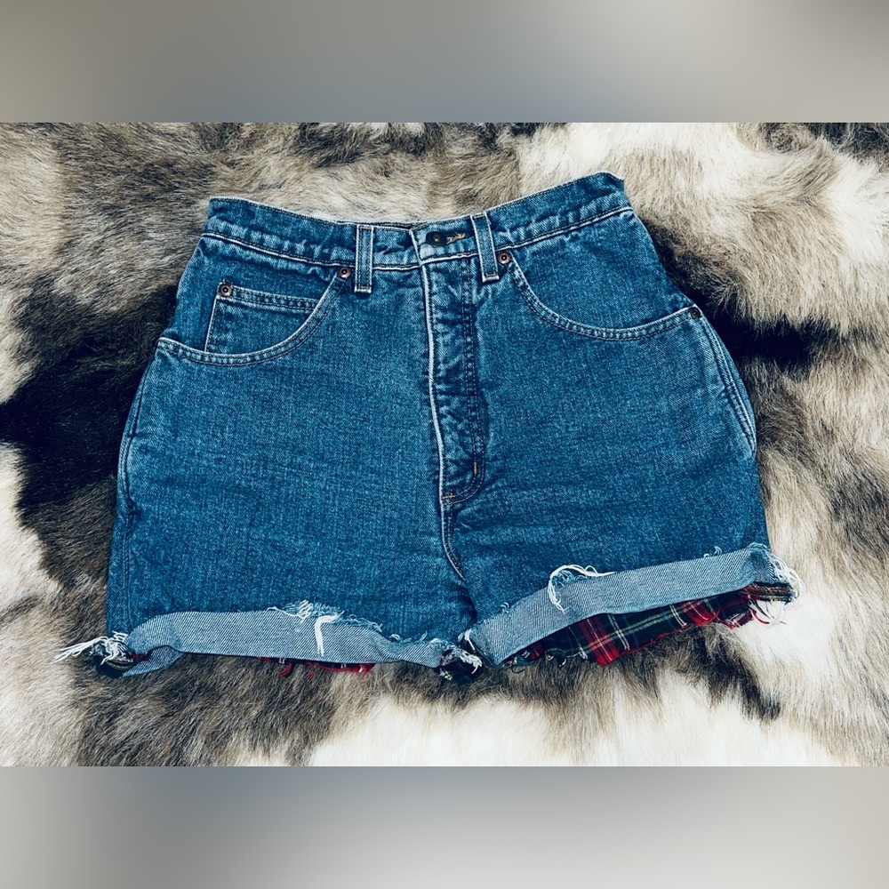 Vintage 90s Lands’ End High Rise Mom Denim Shorts Flannel Lined Made USA Size 6
